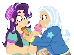 Size: 1024x758 | Tagged: safe, artist:saminamina, imported from derpibooru, starlight glimmer, trixie, human, crackers, female, food, humanized, ice cream, lesbian, peanut butter, peanut butter crackers, shipping, simple background, startrix, transparent background