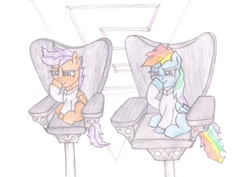 Size: 960x680 | Tagged: safe, artist:m.w., imported from derpibooru, rainbow dash, scootaloo, pony, secrets and pies, adorapiehater, austin powers, austin powers (franchise), chair, cute, cutealoo, dashabetes, dr. evil, evil pie hater dash, evil pie hater scootaloo, evil rainbow dash, exploitable meme, glimmerposting, meme, mini me, mini-me (austin powers), parody