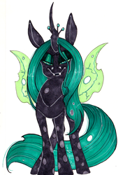 Size: 1590x2356 | Tagged: safe, artist:ponycide, imported from derpibooru, queen chrysalis, changeling, changeling queen, crown, fangs, female, jewelry, lidded eyes, regalia, solo, watercolor painting