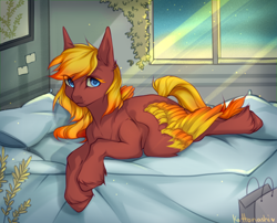 Size: 1900x1535 | Tagged: safe, artist:kottonashi, imported from derpibooru, oc, oc only, oc:himitsu chan, pegasus, pony, bed, digital art, female, looking at you, mare, morning, pillow, signature, solo, unshorn fetlocks, ych result