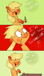 Size: 1111x1920 | Tagged: safe, artist:falloutmuse, imported from derpibooru, applejack, pony, comic, cup, dialogue, female, hoof hold, literal, mare, solo, sugarcube