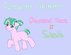 Size: 2893x2229 | Tagged: safe, artist:jolliapplegirl, imported from derpibooru, oc, oc only, oc:aventurine shimmer, pony, unicorn, bio, blank flank, female, filly, next generation, parent:diamond tiara, parent:snails, parents:diamondsnail, solo