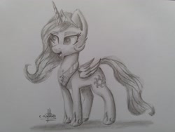 Size: 4128x3096 | Tagged: safe, artist:ironbeastz, imported from derpibooru, princess celestia, alicorn, pony, chibi, female, folded wings, mare, monochrome, solo, traditional art