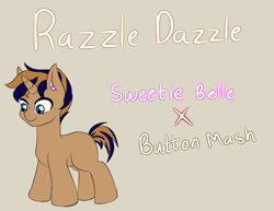 Size: 2893x2229 | Tagged: safe, artist:jolliapplegirl, imported from derpibooru, oc, oc only, oc:razzle dazzle, pony, unicorn, bio, colt, deaf, hearing aid, male, next generation, offspring, parent:button mash, parent:sweetie belle, parents:sweetiemash, solo