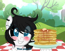 Size: 2500x1956 | Tagged: safe, artist:themisslittledevil, imported from derpibooru, oc, oc only, oc:grace, pony, base used, black sclera, female, food, heterochromia, mare, pancakes, solo