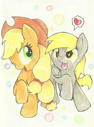 Size: 530x720 | Tagged: artist needed, safe, imported from derpibooru, applejack, derpy hooves, earth pony, pegasus, pony, abstract background, cute, derpyjack, female, heart, lesbian, mare, one eye closed, raised hoof, shipping, smiling, speech bubble, tongue out, traditional art, wink