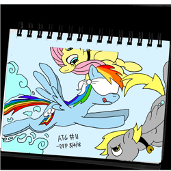 Size: 2000x2000 | Tagged: safe, alternate version, artist:deluxeflame, derpibooru exclusive, imported from derpibooru, derpy hooves, fluttershy, rainbow dash, pegasus, pony, atg 2018, bell, bell collar, blindfold, cloud, collar, flying, newbie artist training grounds, traditional art