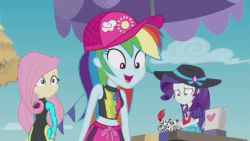 Size: 1280x720 | Tagged: safe, deleted from derpibooru, imported from derpibooru, screencap, fluttershy, pinkie pie, rainbow dash, rarity, crab, equestria girls, equestria girls series, too hot to handle, animated, clothes, crossed arms, geode of shielding, geode of sugar bombs, geode of super speed, hand on hip, magical geodes, shaved ice, snow cone, sound, swimsuit, webm