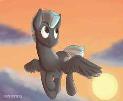 Size: 3086x2527 | Tagged: safe, artist:triplesevens, imported from derpibooru, thunderlane, pegasus, pony, evening, flying, looking up, male, smiling, solo, spread wings, sunset, wings