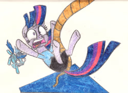 Size: 1083x793 | Tagged: safe, artist:smcho1014, deleted from derpibooru, imported from derpibooru, twilight sparkle, oc, oc:wild sketchy, pony, clothes, colored pencil drawing, duo, female, male, mare, rope, shirt, stallion, t-shirt, traditional art
