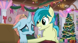Size: 1673x929 | Tagged: safe, imported from derpibooru, screencap, ocellus, sandbar, changedling, changeling, earth pony, pony, the hearth's warming club, boomerang (tv channel), cute, diaocelles, duo, female, hearth's warming tree, male, sandabetes, smiling, teenager