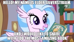 Size: 866x500 | Tagged: safe, edit, edited screencap, imported from derpibooru, screencap, silverstream, hippogriff, the hearth's warming club, book, bookworm, bronybait, female, image macro, meme, the book of mormon