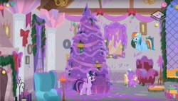 Size: 1615x927 | Tagged: safe, imported from derpibooru, screencap, rainbow dash, spike, twilight sparkle, alicorn, dragon, pegasus, pony, the hearth's warming club, female, hearth's warming tree, male, mare, purple, slime, twilight sparkle (alicorn)