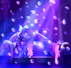 Size: 1024x975 | Tagged: safe, artist:kimyowolf, imported from derpibooru, oc, oc only, oc:lunae, earth pony, pony, bow, bubble, female, hair bow, mare, prone, solo
