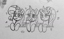 Size: 1280x786 | Tagged: safe, artist:chautung, imported from derpibooru, starlight glimmer, sunset shimmer, twilight sparkle, pony, unicorn, :3, counterparts, happy, monochrome, pencil drawing, smiling, traditional art, twilight's counterparts