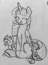 Size: 954x1280 | Tagged: safe, artist:chautung, imported from derpibooru, starlight glimmer, sunset shimmer, twilight sparkle, alicorn, pony, unicorn, counterparts, happy, magical trio, micro, monochrome, pencil drawing, sitting, traditional art, twilight sparkle (alicorn), twilight's counterparts