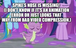 Size: 744x471 | Tagged: safe, editor:useraccount, imported from derpibooru, screencap, rainbow dash, spike, twilight sparkle, alicorn, dragon, the hearth's warming club, animation error, eyes closed, great moments in animation, image macro, male, meme, no nose, slime, solo focus, twilight sparkle (alicorn)