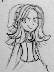 Size: 951x1280 | Tagged: safe, artist:chautung, imported from derpibooru, starlight glimmer, equestria girls, mirror magic, spoiler:eqg specials, beanie, female, hat, looking at you, monochrome, pencil drawing, smiling, solo, traditional art