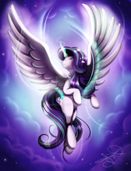 Size: 1024x1334 | Tagged: safe, artist:jenndylyon, imported from derpibooru, starlight glimmer, alicorn, pony, alicornified, eyes closed, female, flying, glowing horn, large wings, magic, race swap, sky, solo, spread wings, starlicorn, watermark, wings, xk-class end-of-the-world scenario