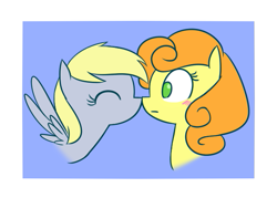 Size: 623x446 | Tagged: safe, anonymous artist, derpibooru exclusive, imported from derpibooru, carrot top, derpy hooves, golden harvest, earth pony, pegasus, pony, blushing, bust, cute, derpytop, eyes closed, female, lesbian, mare, shipping, simple background