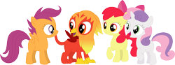 Size: 3590x1336 | Tagged: safe, artist:porygon2z, imported from derpibooru, apple bloom, scootaloo, sweetie belle, oc, oc:heatwave, earth pony, griffon, pegasus, pony, unicorn, chickub, cutie mark crusaders, simple background, transparent background, vector