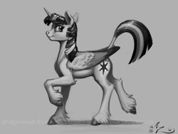 Size: 1200x900 | Tagged: safe, artist:amarynceus, imported from derpibooru, twilight sparkle, alicorn, pony, cloven hooves, colored wings, female, gray background, grayscale, leonine tail, mare, monochrome, multicolored wings, simple background, solo, twilight sparkle (alicorn), unshorn fetlocks, watermark