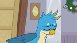 Size: 1280x720 | Tagged: safe, imported from derpibooru, screencap, gallus, griffon, the hearth's warming club, beak, boomerang (tv channel), eyes closed, male, sad