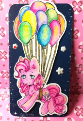 Size: 2717x3968 | Tagged: safe, artist:zefirka, imported from derpibooru, pinkie pie, pony, balloon, female, floating, solo, then watch her balloons lift her up to the sky, traditional art