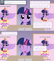 Size: 1280x1444 | Tagged: safe, artist:hakunohamikage, imported from derpibooru, twilight sparkle, alicorn, pony, ask-princesssparkle, april fools, ask, big crown thingy, clothes, coronation dress, dress, female, jewelry, regalia, solo, tumblr, twilight sparkle (alicorn)