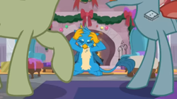 Size: 1280x720 | Tagged: safe, imported from derpibooru, screencap, gallus, ocellus, sandbar, griffon, the hearth's warming club, fireplace, male, raised hoof