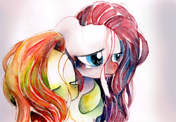 Size: 3437x2399 | Tagged: safe, artist:mashiromiku, imported from derpibooru, fluttershy, pinkie pie, pony, bust, crying, duo, female, hug, looking away, mare, pinkamena diane pie, sad, stray strand, teary eyes, traditional art, watercolor painting