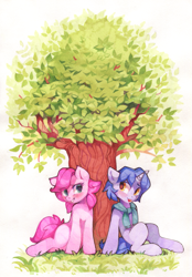 Size: 893x1280 | Tagged: safe, artist:lispp, imported from derpibooru, oc, oc only, oc:bender watt, oc:holivi, pony, unicorn, cute, female, gift art, male, mare, ocbetes, smiling, tree