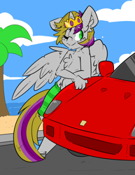 Size: 2550x3300 | Tagged: safe, artist:bbsartboutique, imported from derpibooru, oc, oc:royal radiance, alicorn, anthro, plantigrade anthro, alicorn oc, beach, ferrari, ferrari f40, one eye closed, smiling, trotcon, wink