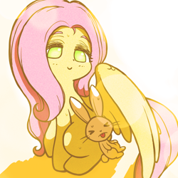 Size: 2000x2000 | Tagged: safe, artist:sigpi, imported from derpibooru, angel bunny, fluttershy, pegasus, pony, rabbit, cute, duo, eyes closed, female, high res, male, mare, no pupils, shyabetes, smiling, sweat, tongue out, wing shelter