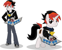 Size: 1024x835 | Tagged: safe, artist:mlp-trailgrazer, imported from derpibooru, oc, oc only, human, pony, unicorn, equestria girls, duel disk, human ponidox, male, self ponidox, simple background, stallion, transparent background, yu-gi-oh!