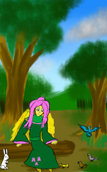 Size: 800x1280 | Tagged: safe, artist:horsesplease, imported from derpibooru, angel bunny, fluttershy, bird, fairy, rabbit, equestria girls, clothes, dress, forest, log, sitting, smiling, tree, winged humanization, wings