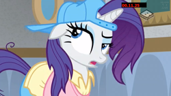 Size: 1280x720 | Tagged: safe, imported from derpibooru, screencap, rarity, pony, unicorn, friendship university, alternate hairstyle, backwards ballcap, baseball cap, boomerang (tv channel), cap, eyeshadow, female, hat, makeup, mare, open mouth, plainity, solo