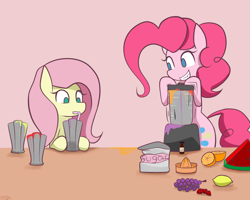 Size: 1300x1040 | Tagged: safe, artist:genericmlp, imported from derpibooru, fluttershy, pinkie pie, blender (object), cute, cute little fangs, drink, drinking, fangs, female, food, fruit, grapes, lemon, orange, smiling, smoothie, straw, strawberry, watermelon