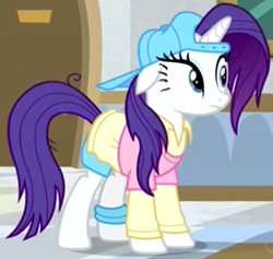 Size: 391x370 | Tagged: safe, imported from derpibooru, screencap, rarity, pony, unicorn, friendship university, alternate hairstyle, backwards ballcap, baseball cap, cap, clothes, cropped, eyeshadow, female, hat, makeup, mare, plainity, solo