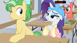 Size: 1280x720 | Tagged: safe, imported from derpibooru, screencap, rarity, silver waves, pony, unicorn, friendship university, alternate hairstyle, backwards ballcap, baseball cap, bedroom eyes, book, boomerang (tv channel), cap, chair, clothes, desk, eyeshadow, female, hat, las pegasus resident, makeup, male, mare, pencil, plainity, saturn (g4), stallion
