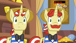 Size: 1280x720 | Tagged: safe, imported from derpibooru, screencap, flam, flim, pony, unicorn, friendship university, boomerang (tv channel), bowtie, brothers, duo, flim flam brothers, hat, male, siblings, stallion, straw hat, surprised