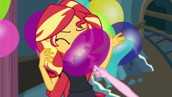 Size: 1280x720 | Tagged: safe, imported from derpibooru, screencap, pinkie pie, sunset shimmer, all the world's off stage, equestria girls, equestria girls series, all the world's off stage: pinkie pie, balloon, bumping, cute, shimmerbetes, silly, that pony sure does love balloons