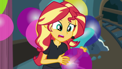 Size: 1280x720 | Tagged: safe, imported from derpibooru, screencap, sunset shimmer, all the world's off stage, equestria girls, equestria girls series, all the world's off stage: pinkie pie, balloon, female, solo