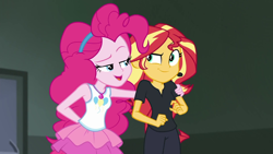 Size: 1280x720 | Tagged: safe, imported from derpibooru, screencap, pinkie pie, sunset shimmer, all the world's off stage, equestria girls, equestria girls series, all the world's off stage: pinkie pie, armpits, best friends, black pants, black shirt, clothes, duo, duo female, earpiece, eyebrows, female, geode of sugar bombs, hairband, hand behind back, hand on shoulder, looking at each other, looking at someone, magical geodes, rah rah skirt, raised eyebrow, skirt, sleeveless, smiling, smiling at each other, smug, smugset shimmer, tanktop