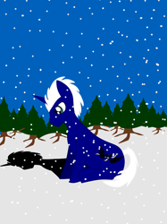 Size: 2000x2667 | Tagged: safe, artist:nobody number 2, imported from derpibooru, oc, oc:regal thunder, unicorn, cutie mark, feeling down, forest, shadow, snow, snowfall