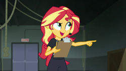 Size: 1280x720 | Tagged: safe, imported from derpibooru, screencap, sunset shimmer, all the world's off stage, equestria girls, equestria girls series, all the world's off stage: micro chips, clipboard, director shimmer, female, solo