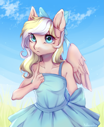 Size: 1313x1611 | Tagged: safe, artist:kottonashi, imported from derpibooru, oc, oc only, oc:bay breeze, anthro, pegasus, anthro oc, bow, clothes, cloud, cute, day, digital art, dress, female, grass, hair bow, looking at you, mare, signature, sky, solo, ych result
