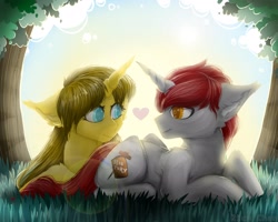 Size: 2560x2048 | Tagged: safe, artist:rico_chan, imported from derpibooru, oc, oc only, oc:ayza, oc:madness, pony, unicorn, digital art, duo, ear fluff, female, grass, heart, heart eyes, high res, looking at each other, love, male, mare, oc x oc, prone, shipping, signature, sitting, stallion, straight, tree, wingding eyes, ych result