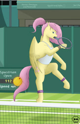 Size: 3300x5100 | Tagged: safe, artist:mighty-muffins, imported from derpibooru, fluttershy, pony, clothes, derail in the comments, female, leg band, logo, mouth hold, shading, shirt, sign, signature, solo, sports, tanktop, tennis, tennis ball, tennis court, tennis racket, wrist tape