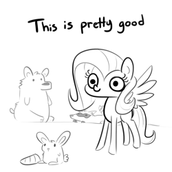 Size: 1650x1650 | Tagged: safe, artist:tjpones, imported from derpibooru, fluttershy, bear, pegasus, pony, rabbit, raccoon, black and white, carrot, dialogue, female, food, grayscale, mare, monochrome, simple background, white background